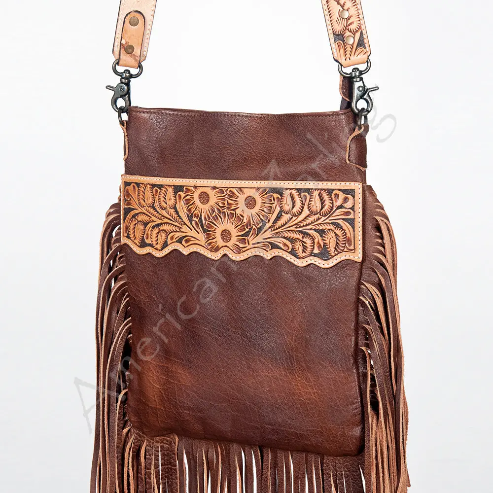 American Darling Large Cross Body Bag Hand Tooled Genuine Leather Western Purse With Fringes & Ykk Zipper 1