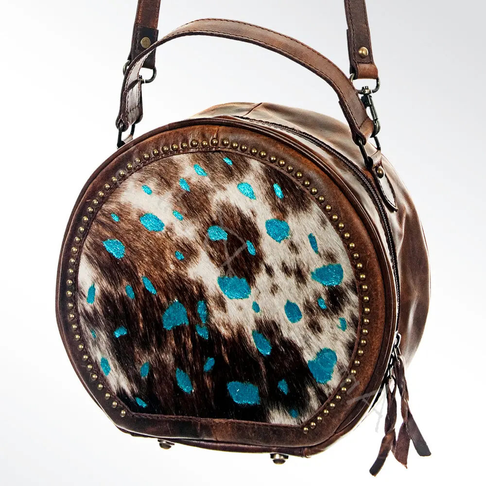 American Darling Canteen Bag Western Hair-On Cowhide Genuine Leather Round Crossbody Purse With Rivetted Detail For Women 1