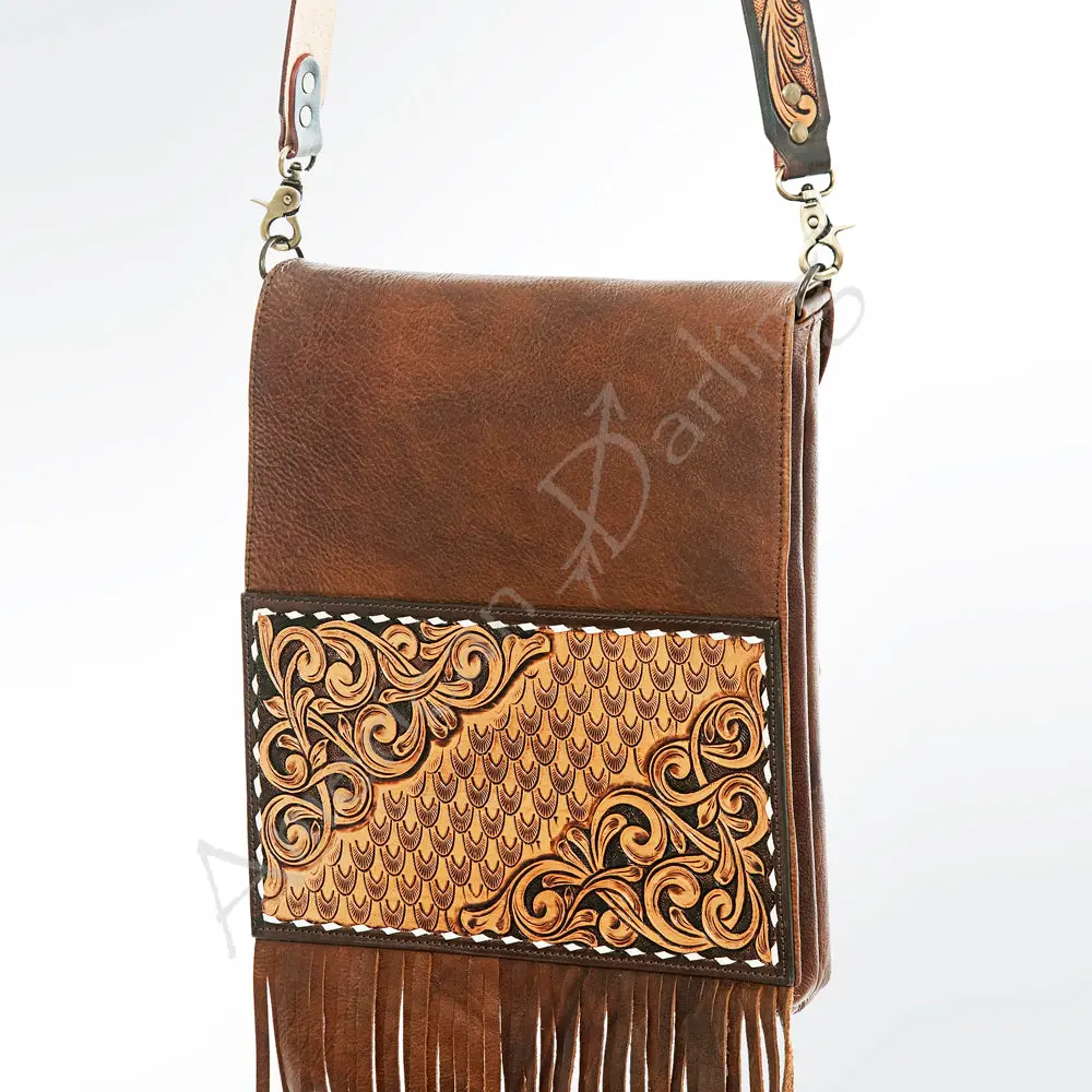 American Darling Women's Hand Tooled Floral Carved Leather Messenger With Fringes, Buck Stitching, And Eco-Friendly Full Grain Leather 1