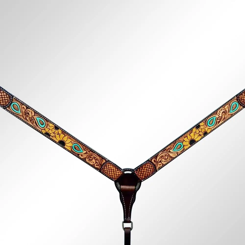 Bar H Equine Sunflower Hand Painted Horse Western Leather Breast Collar Dark Brown 1