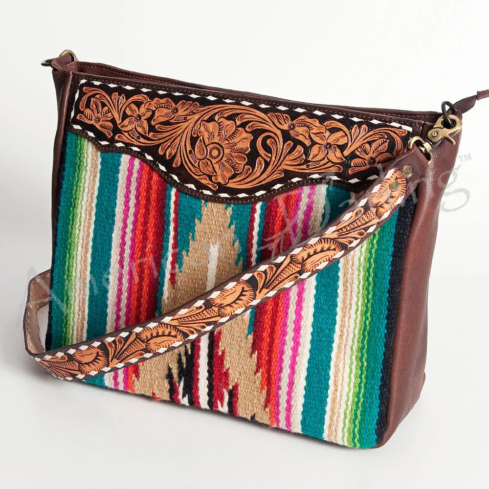 American Darling Women's Hand Tooled Floral Carved Leather Cross Body Bag With Hand Woven Saddle Blanket And Buck Stitching 1