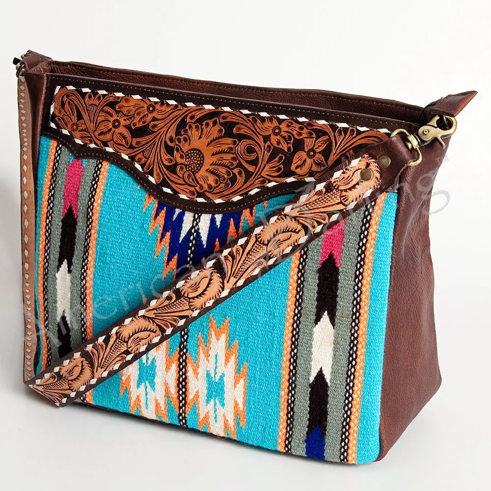 American Darling Women's Hand Tooled Floral Carved Leather Large Cross Body Bag With Hand Woven Saddle Blanket And Buck Stitching 1