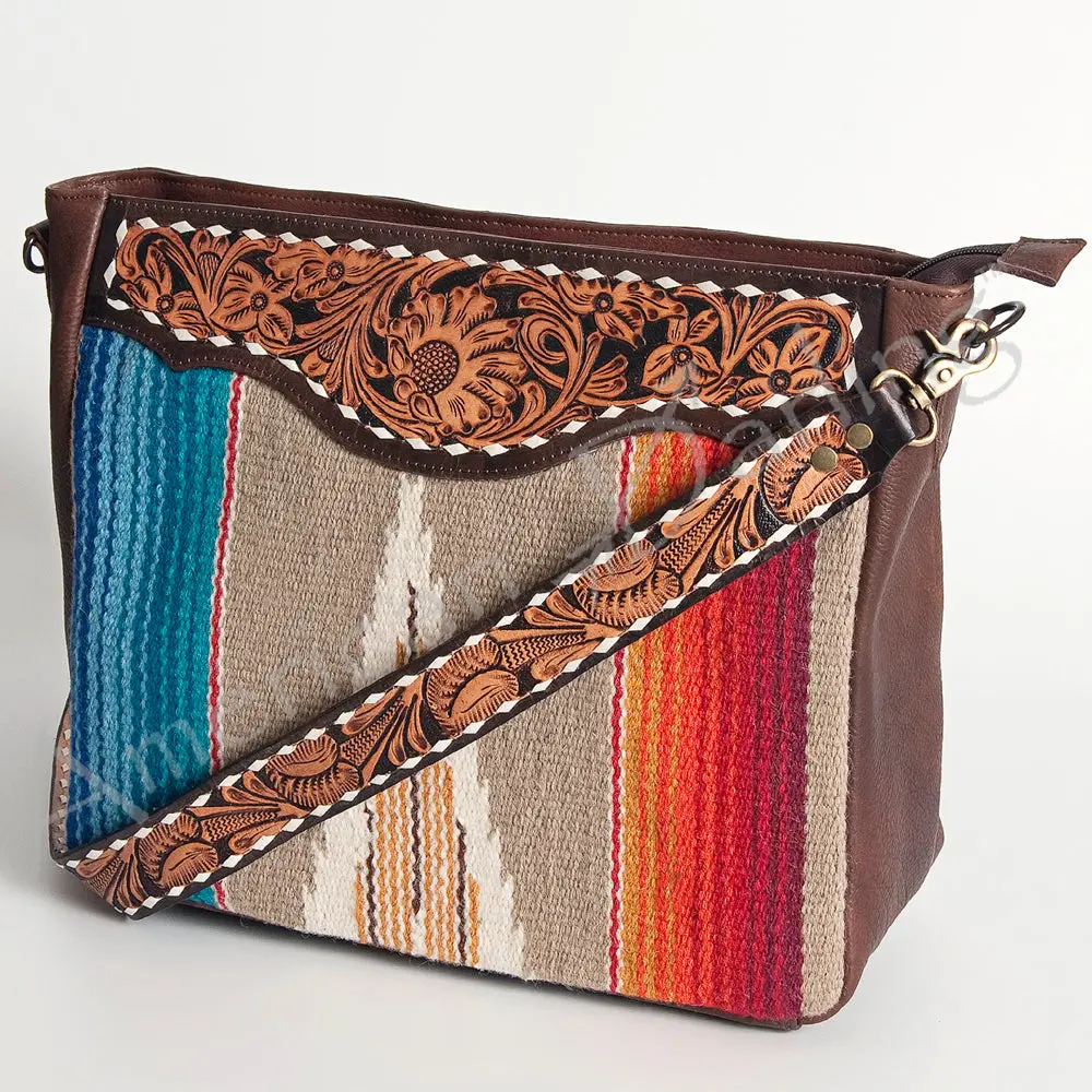 American Darling Women's Hand Tooled Floral Carved Leather Large Cross Body Bag With Hand Woven Saddle Blanket And Buck Stitching 1