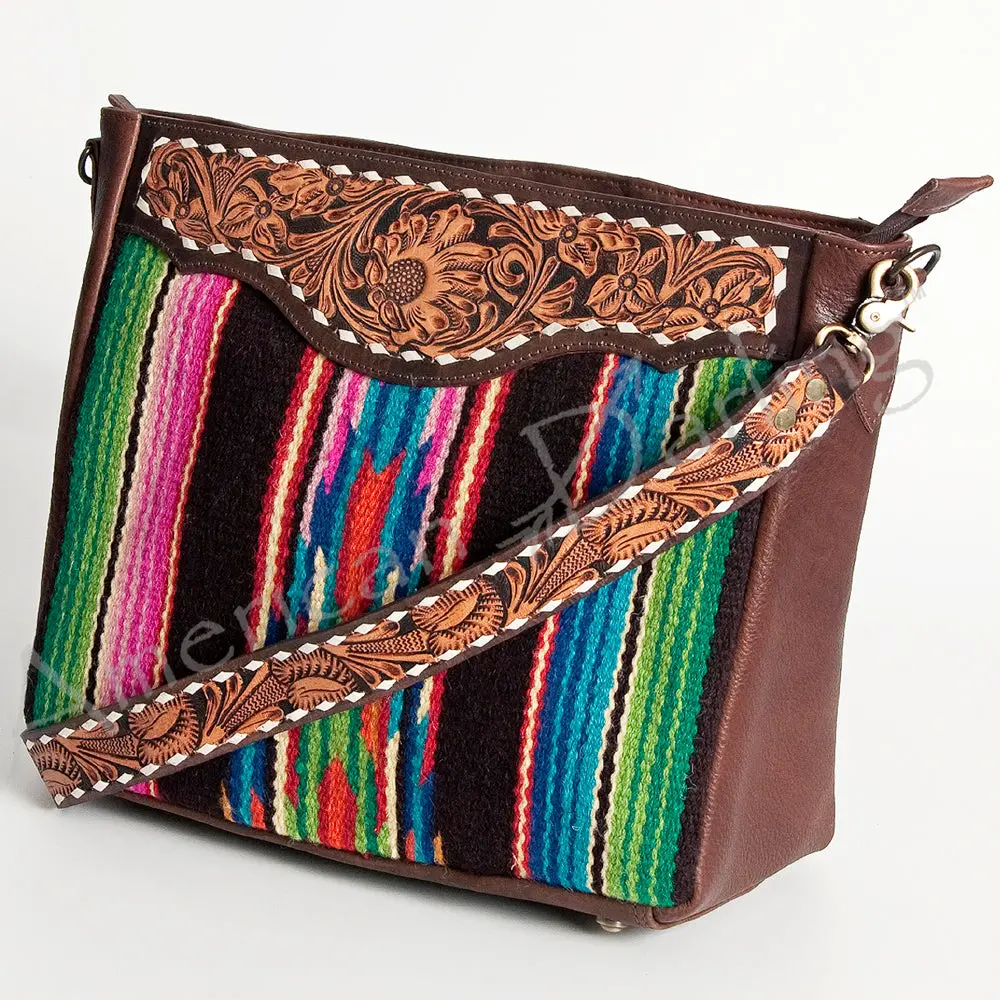 American Darling Women's Hand Tooled Floral Carved Leather Large Cross Body Bag With Hand Woven Saddle Blanket And Buck Stitching 1
