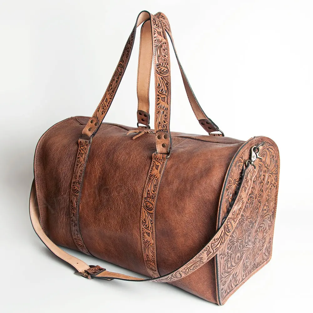 American Darling Duffel Bag, Hand Tooled Floral Carved Vegetable-Tanned Leather, Large Western Weekender Travel Bag 1