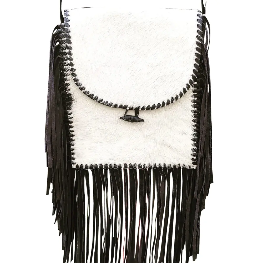 Hilason Western Genuine Leather Hairon Crossbody Bag With 12" Fringes White 1