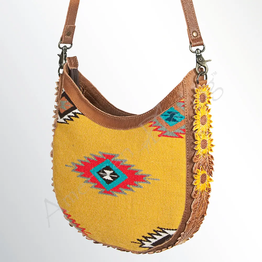 American Darling Hobo Bag, Hand Tooled Floral Carved Vegetable-Tanned Leather, Hand Woven Saddle Blanket Western Shoulder Bag 1