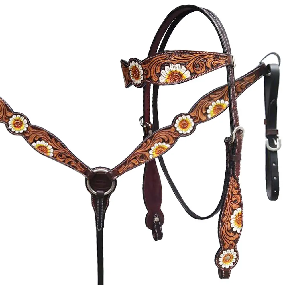 Hilason Western Horse Floral Headstall Breast Collar One Ear Headstall Wither Strap American Leather Tack Set 4
