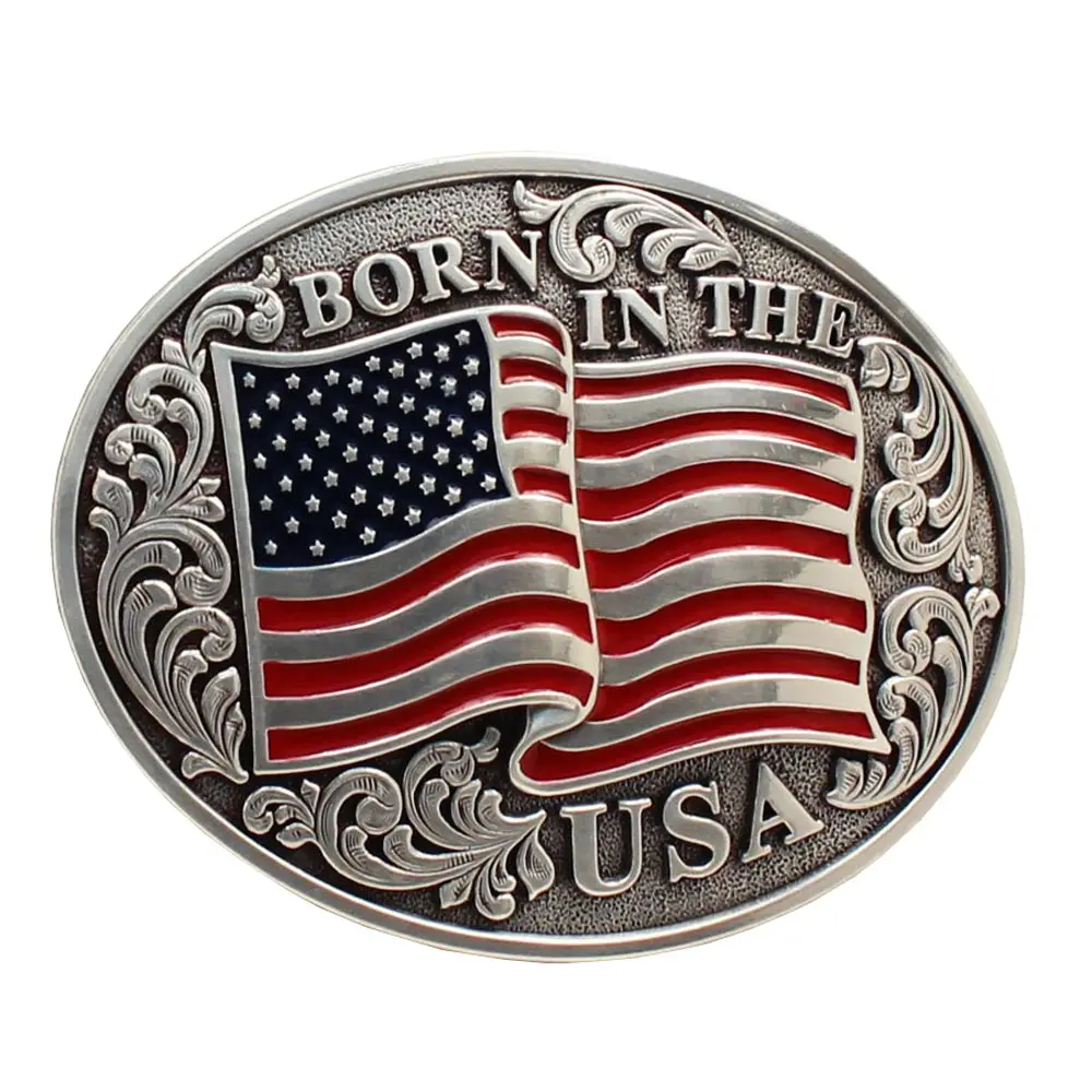 Scrolling 4 In X 3 Nocona Mens Belt Oval Buckle Usa Flag Silver 1