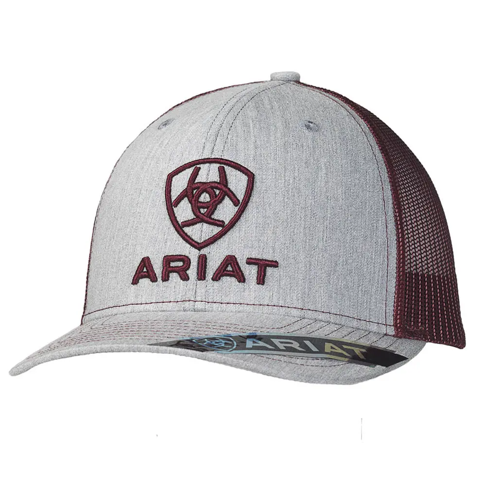 Ariat Mens Hat Baseball Cap Snap Mesh Embroidered Grey Burgundy 1