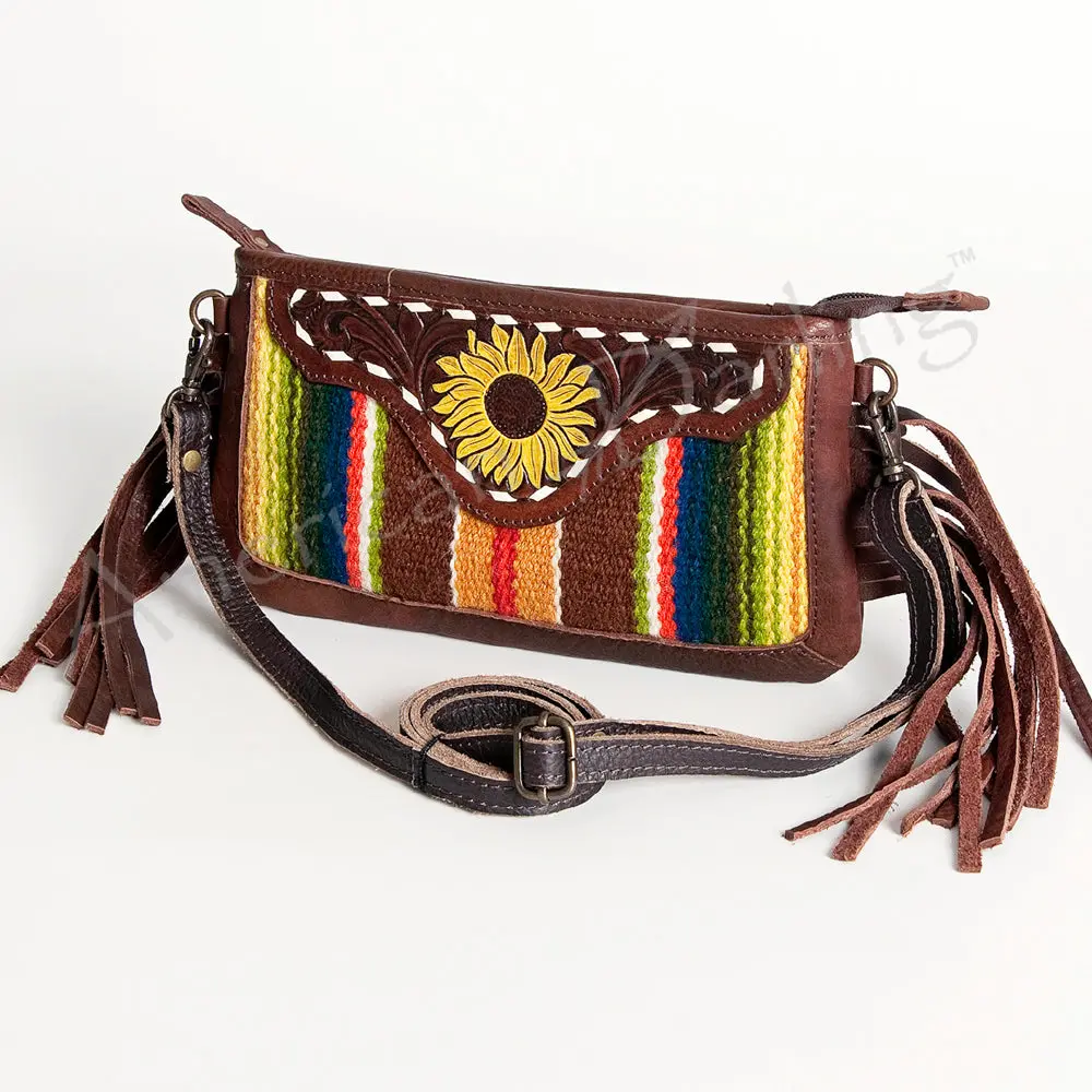 American Darling Women's Hand Tooled Floral Carved Leather Small Cross Body Bag With Hand Woven Saddle Blanket And Fringes 1