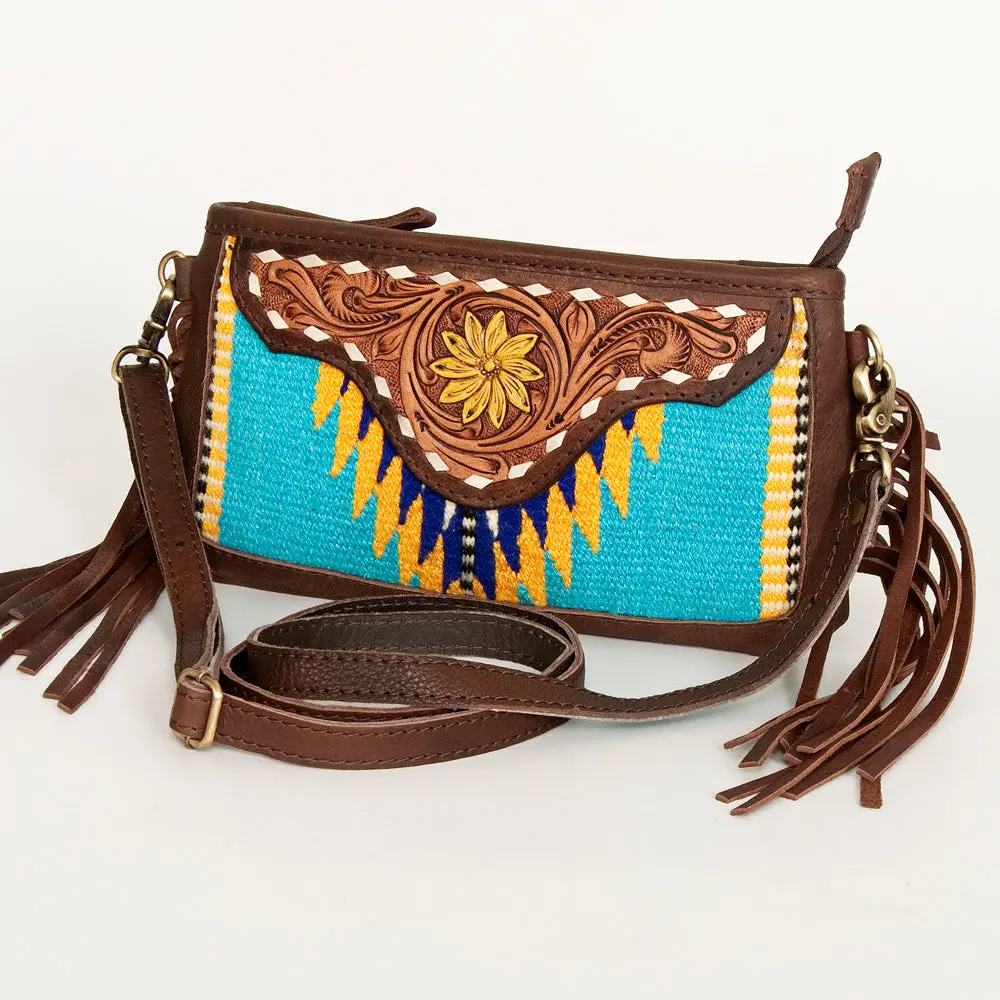 American Darling Women's Hand Tooled Floral Carved Leather Small Cross Body Bag With Hand Woven Saddle Blanket And Fringes 1