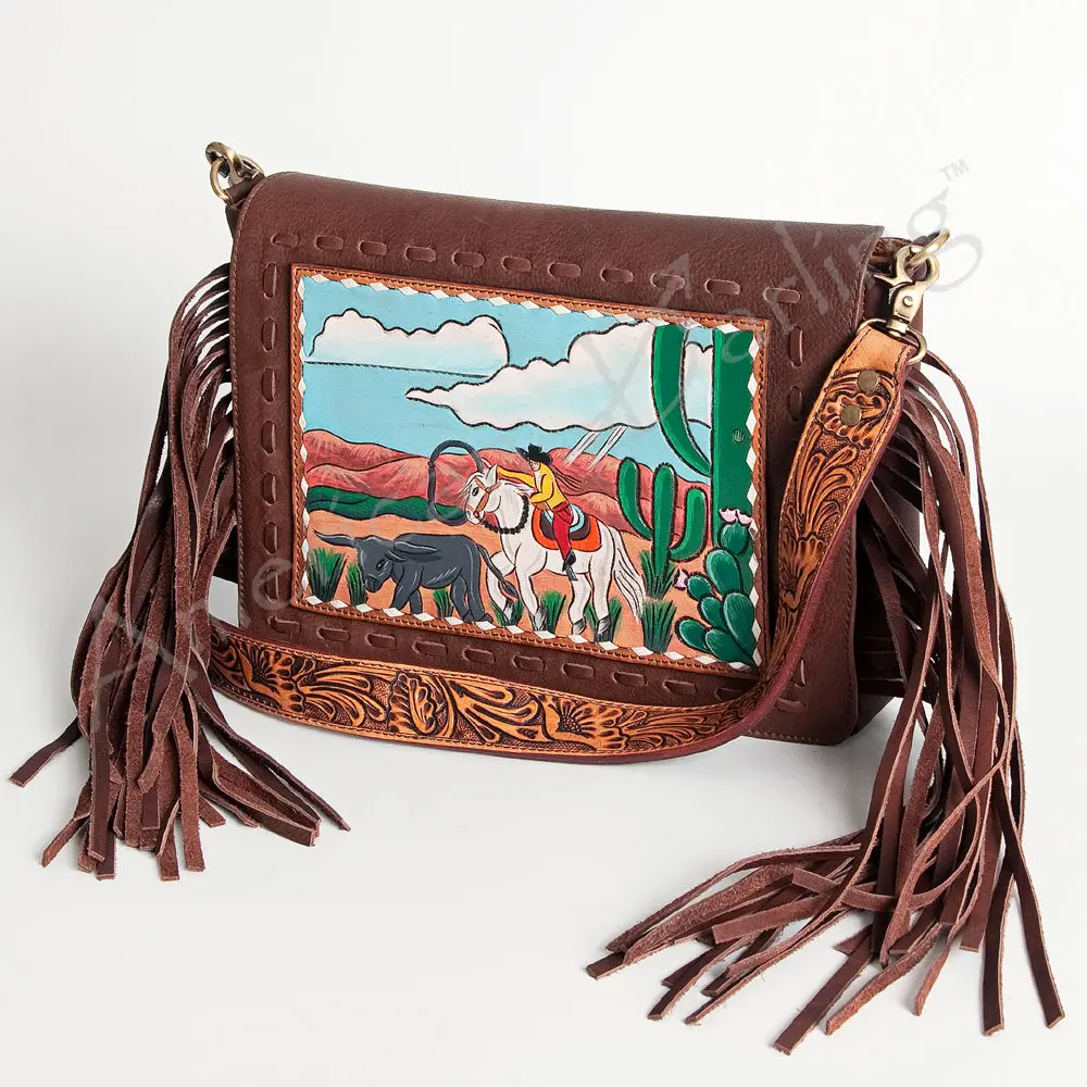American Darling Hand Tooled Fringed Genuine Leather Small Cross Body Bag Eco-Friendly Vegetable Tanned Full Grain Leather Ykk Zipper 1