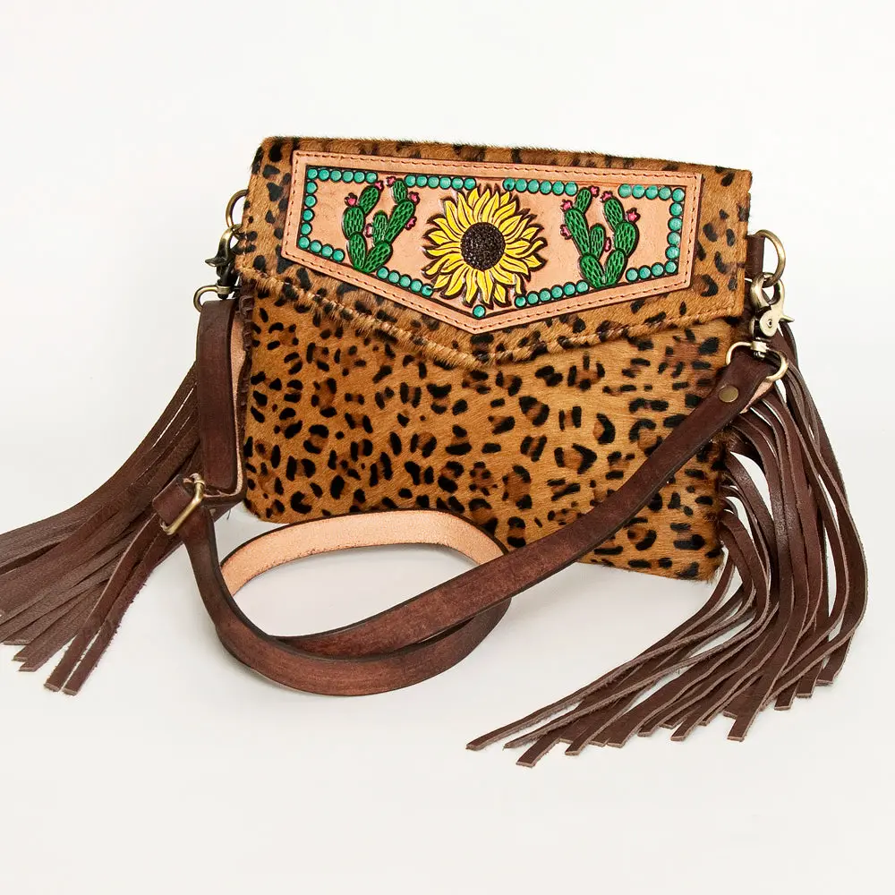 American Darling Women's Hand Tooled Floral Carved Leather Envelope With Hair-On Cowhide And Fringes 1