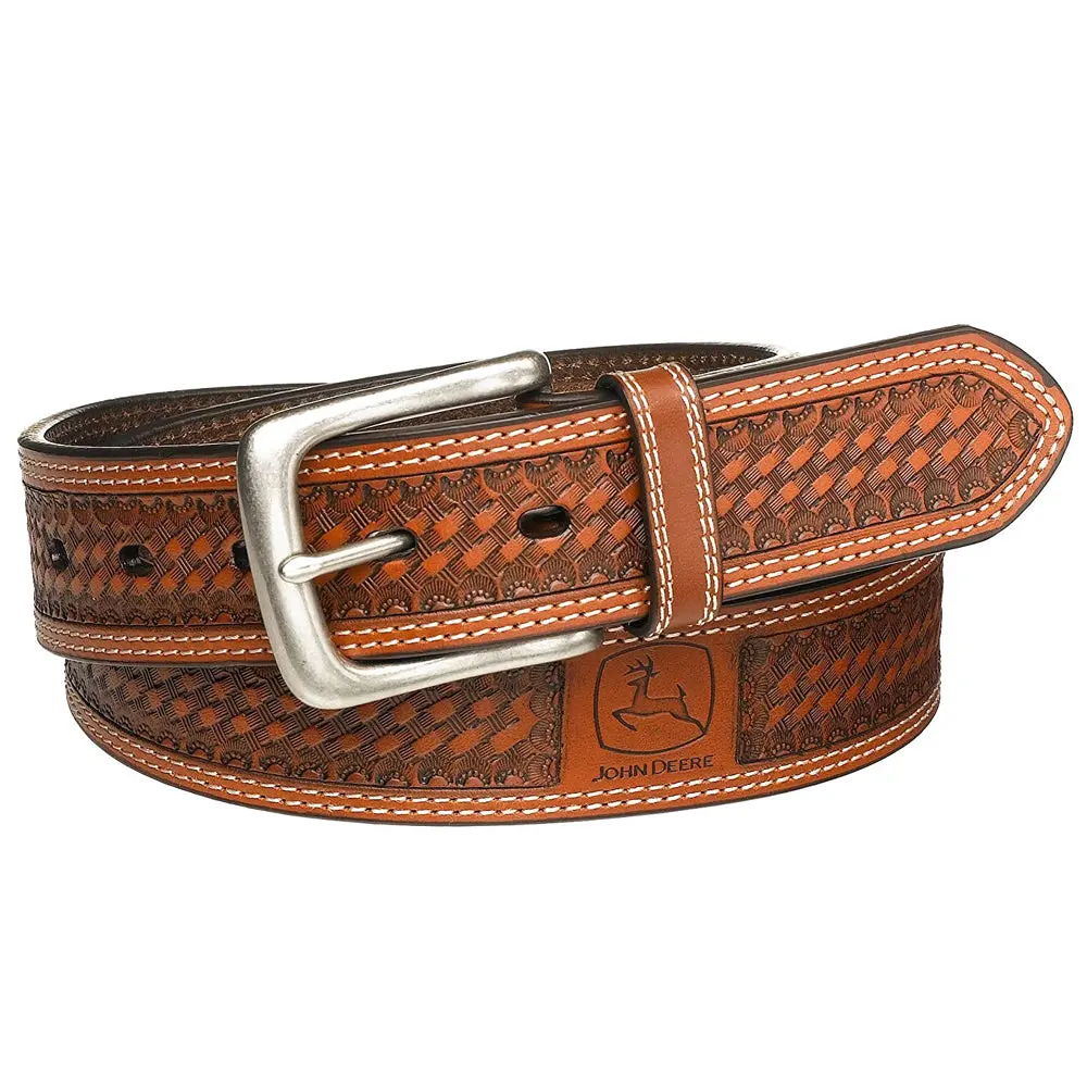 John Deere Tan Basket Weave Genuine Leather Belt For Men Durable Nickel Buckle 1