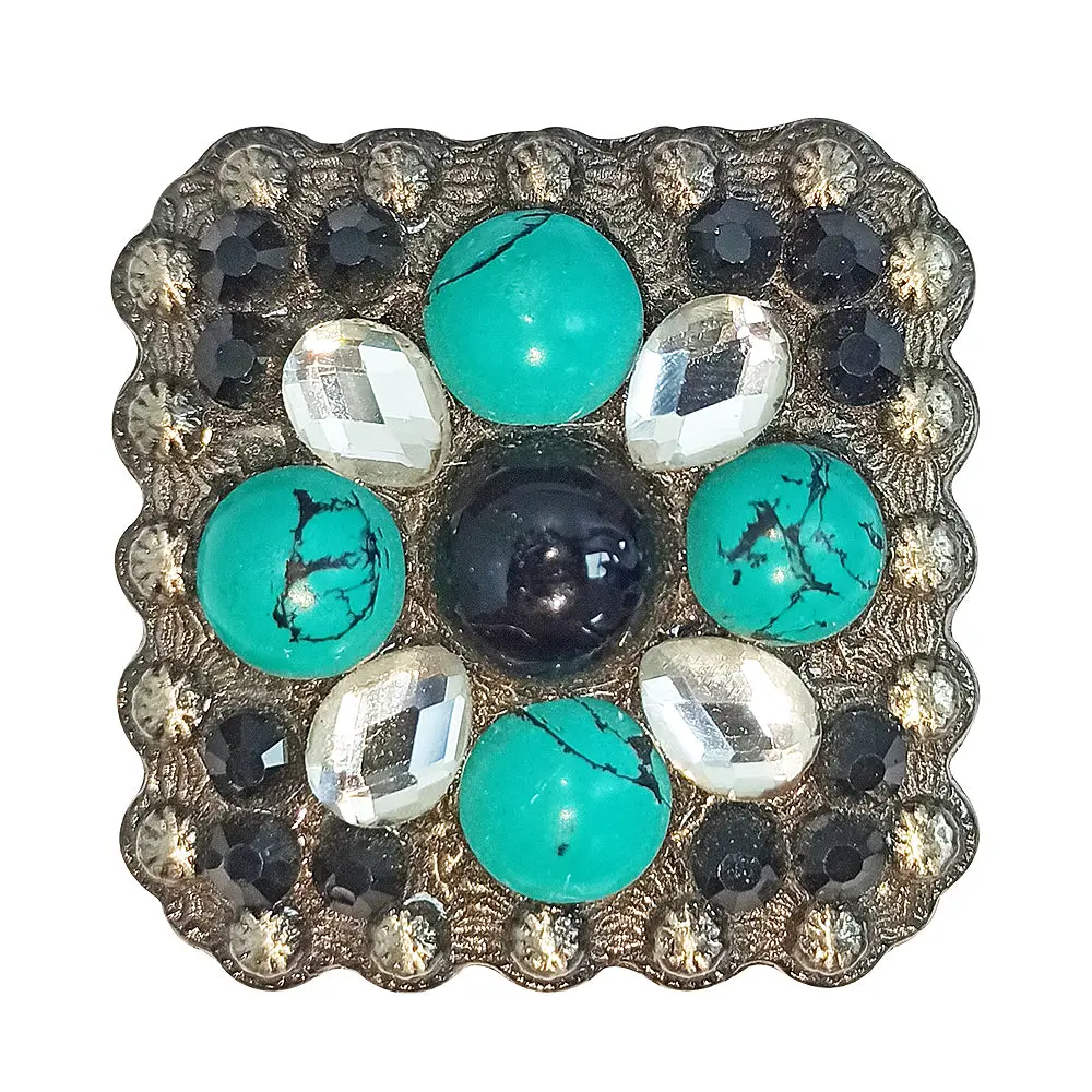 Hilason 2 Pc Western Screw Back Square Antique Finish Concho Cowgirl Green White And Blaack Crystals Color | Slotted Conchos 1
