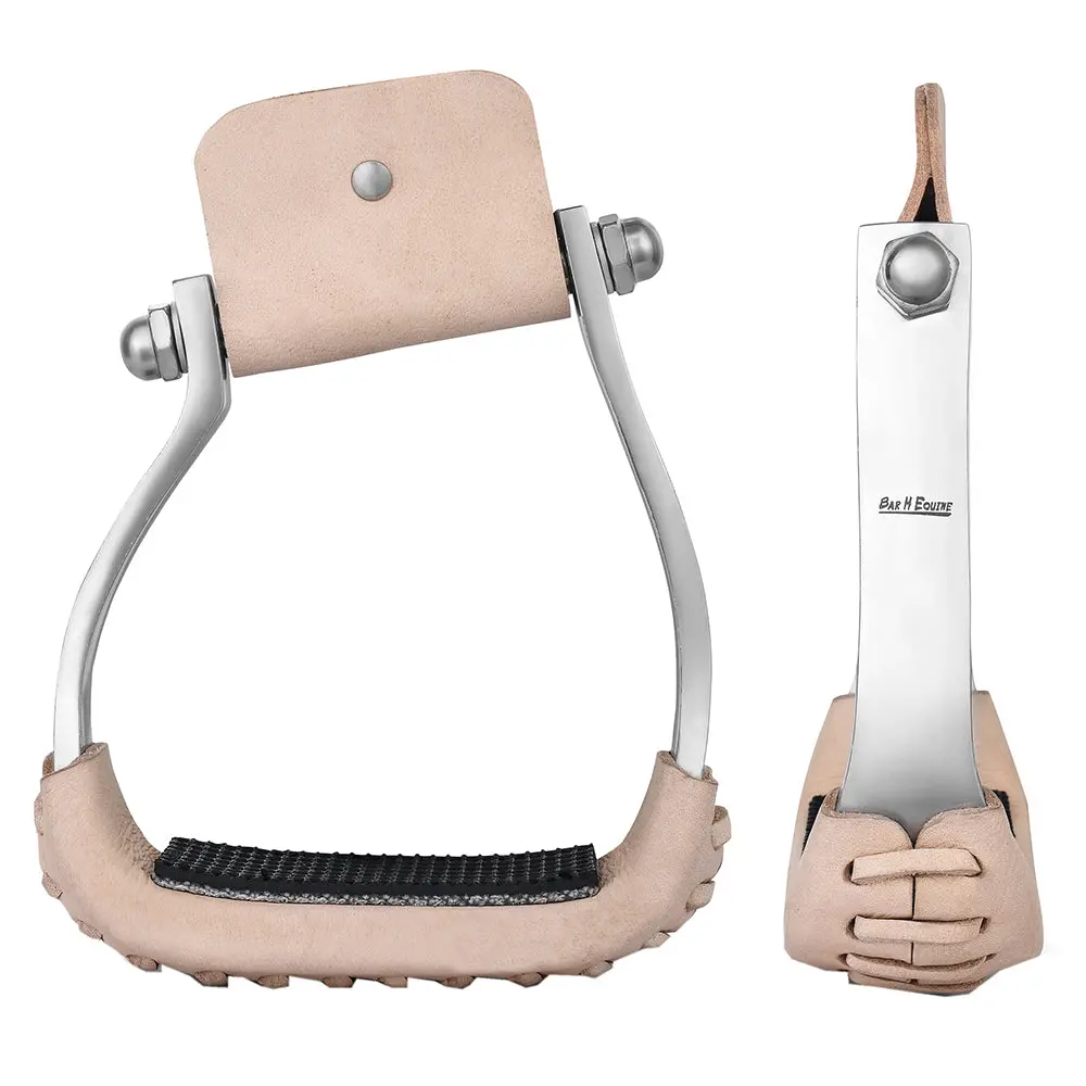 3" Wide Bar H Equine Western Horse Heavy-Duty Genuine Leather Alum. Twisted Sloped Stirrups 1