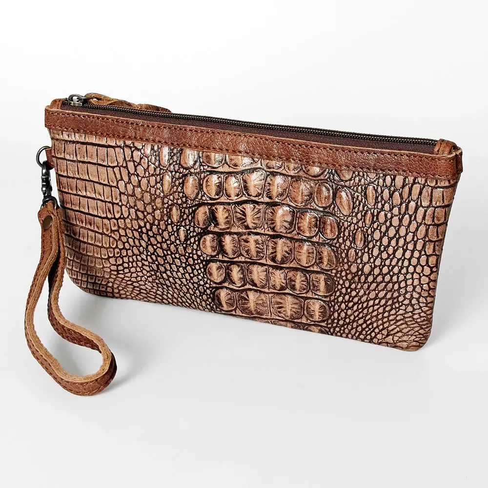American Darling Wristlet Bag For Women, Crocodile Embossed Full Grain Leather Western Clutch With Ykk Zipper & Wrist Strap 1