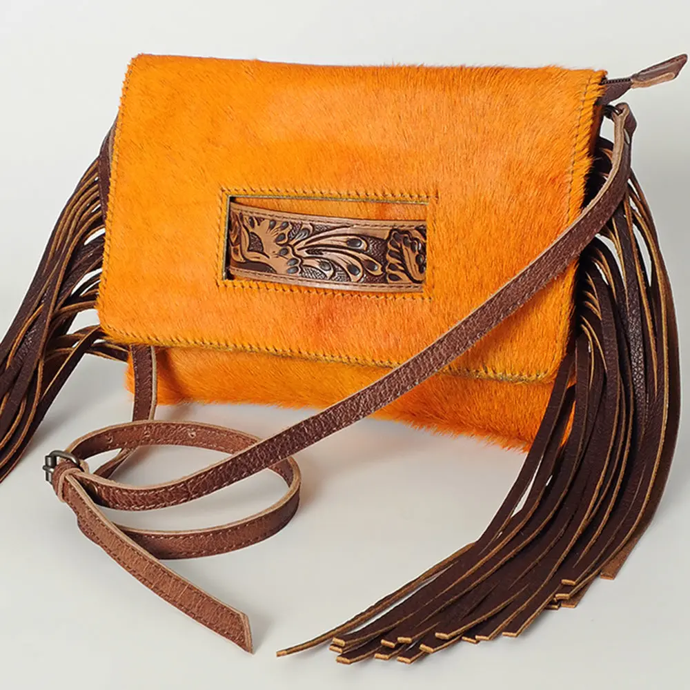 American Darling Small Cross Body Bag, Hair-On Cowhide & Hand Tooled Floral Leather, Fringes, Vegetable Tanned Genuine Leather 1