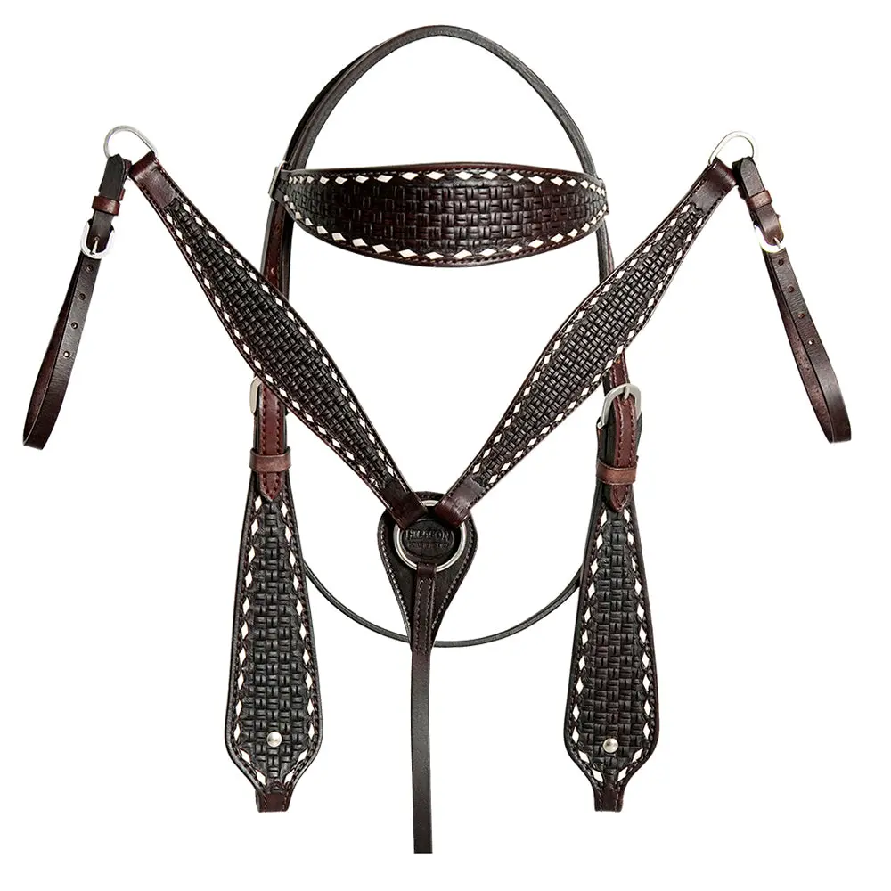 Brown Hilason Western Horse Genuine Leather Headstall & Breast Collar With Side Buck Stitch | For Horses 3