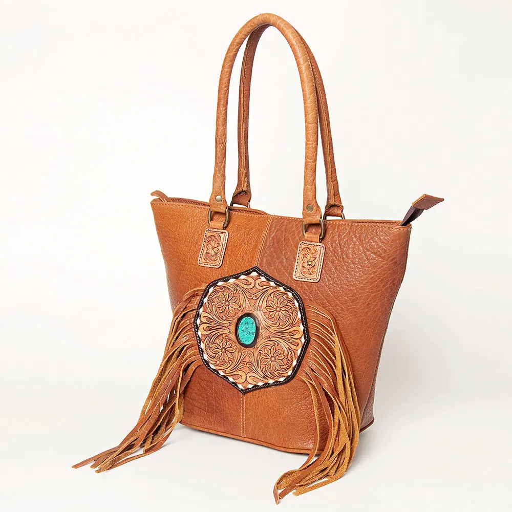 American Darling Hand Tooled Floral Fringed Genuine Leather Tote Bag Turquoise Concho Eco-Friendly Full Grain Ykk Zipper 2