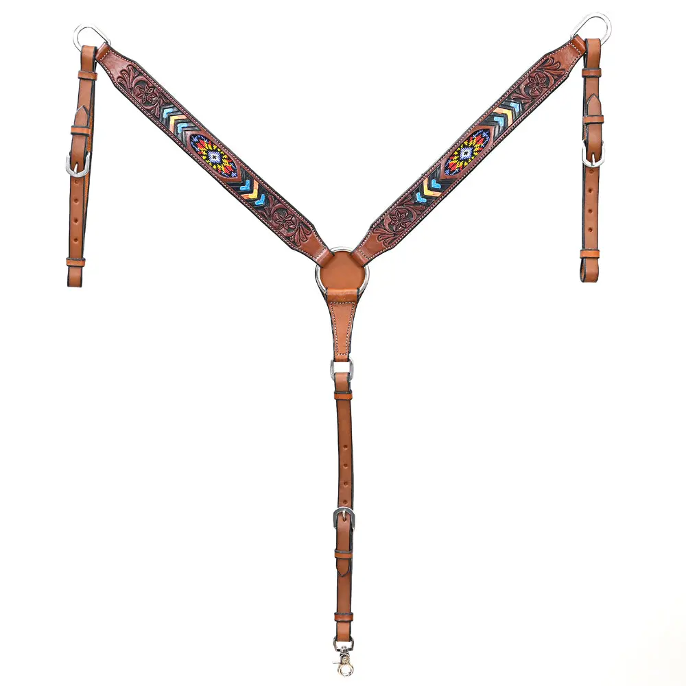 Bar H Equine Genuine Horse Western Leather Breast Collar Beaded Inlay Brown 1
