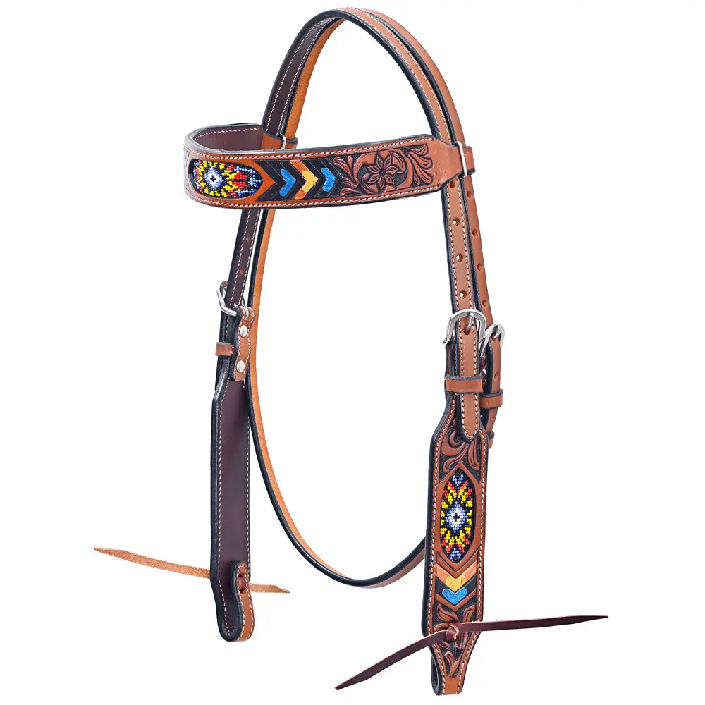Bar H Equine Western Horse Genuine Leather Floral Design Beaded Headstall Brown 1