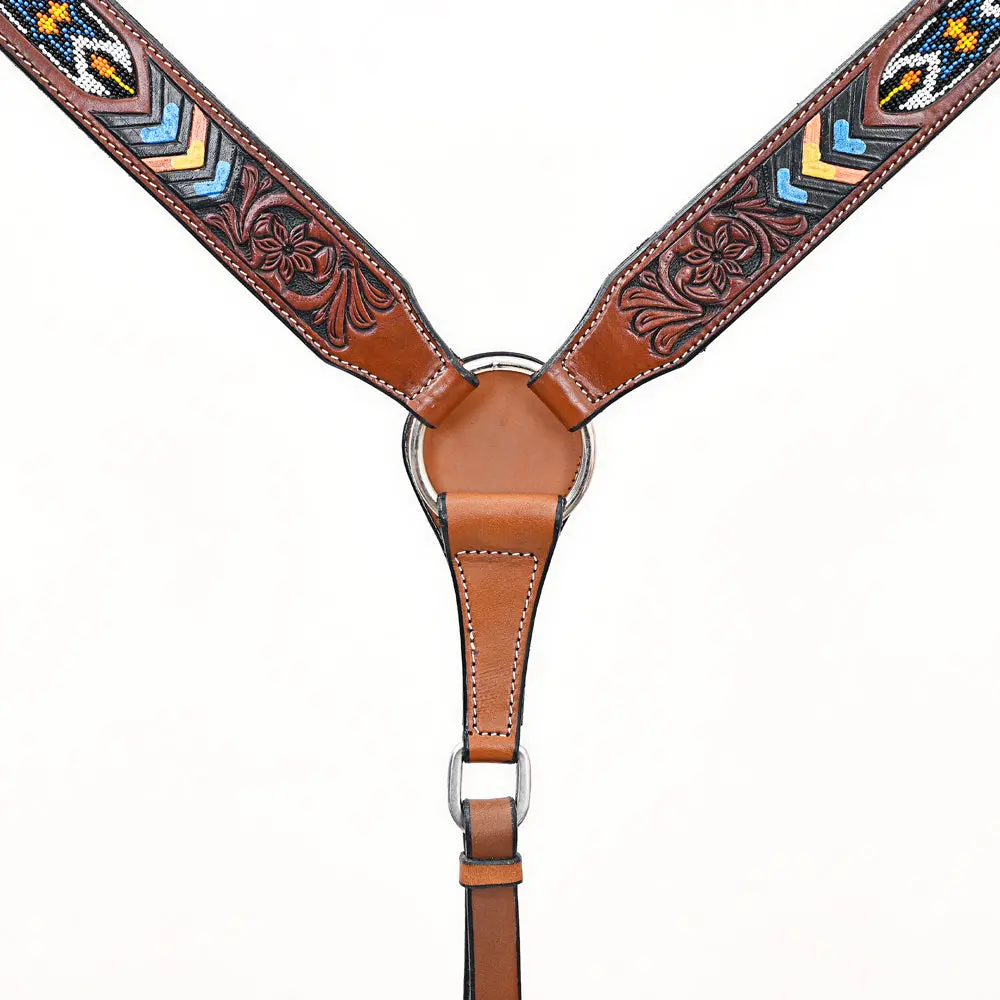 Bar H Equine Genuine Horse Western Hand Tooled Leather Breast Collar Beaded Inlay Brown 2