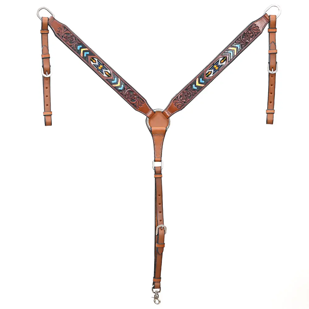 Bar H Equine Genuine Horse Western Hand Tooled Leather Breast Collar Beaded Inlay Brown 1