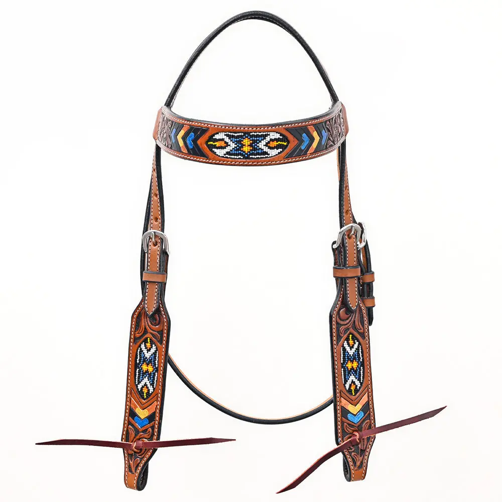 Bar H Equine Western Horse Genuine Leather Floral Design Beaded Headstall Brown 2