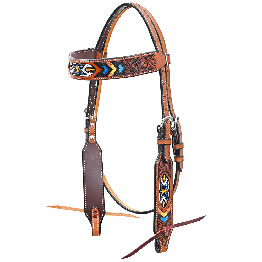 Bar H Equine Western Horse Genuine Leather Floral Design Beaded Headstall Brown 1