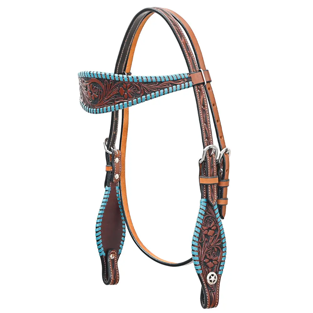 Bar H Equine Western Horse Genuine Leather Floral Design Buckstitch Headstall Brown 1