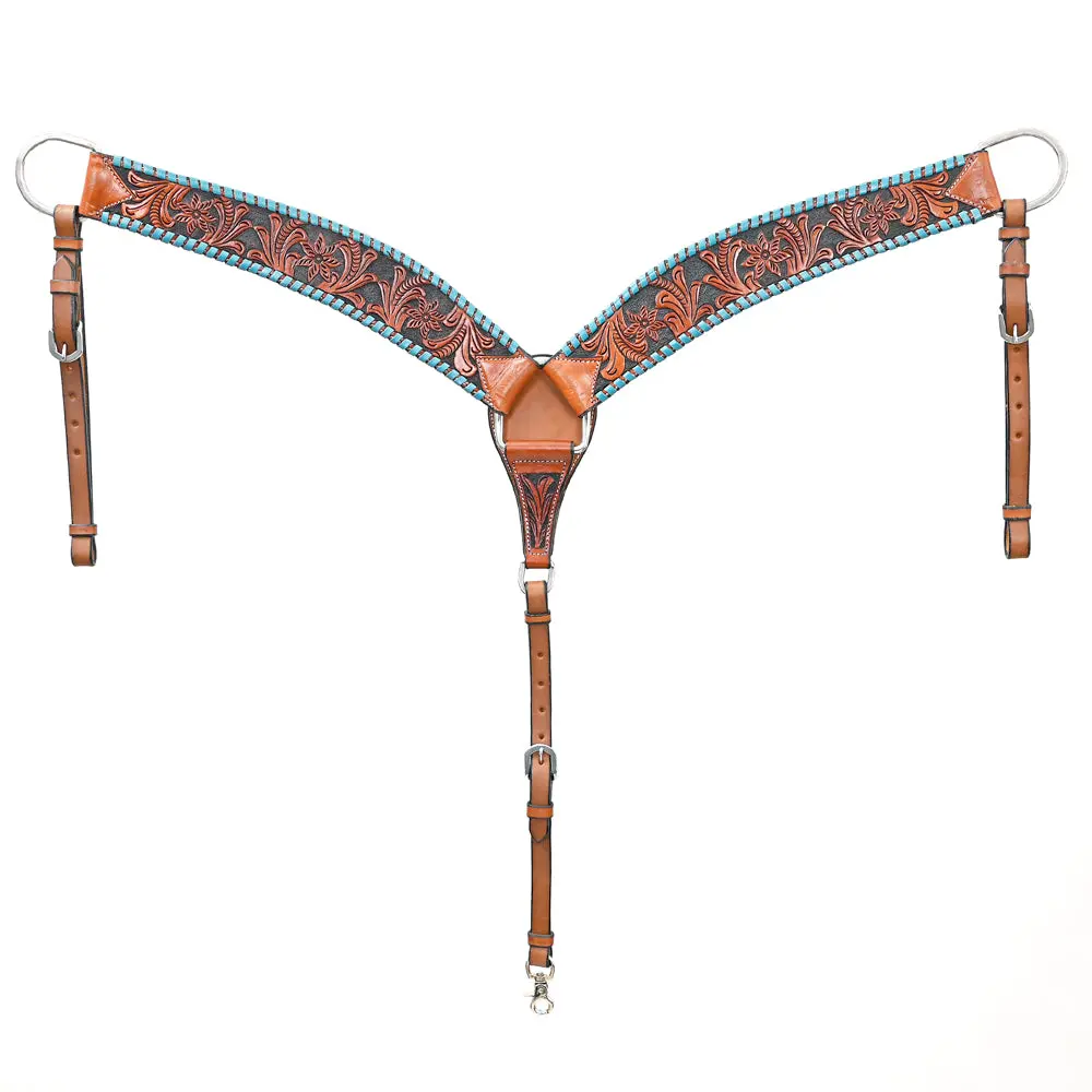 Bar H Equine Genuine Horse Hand Tooled Buck Stitched Leather Curved Breast Collar Brown 1