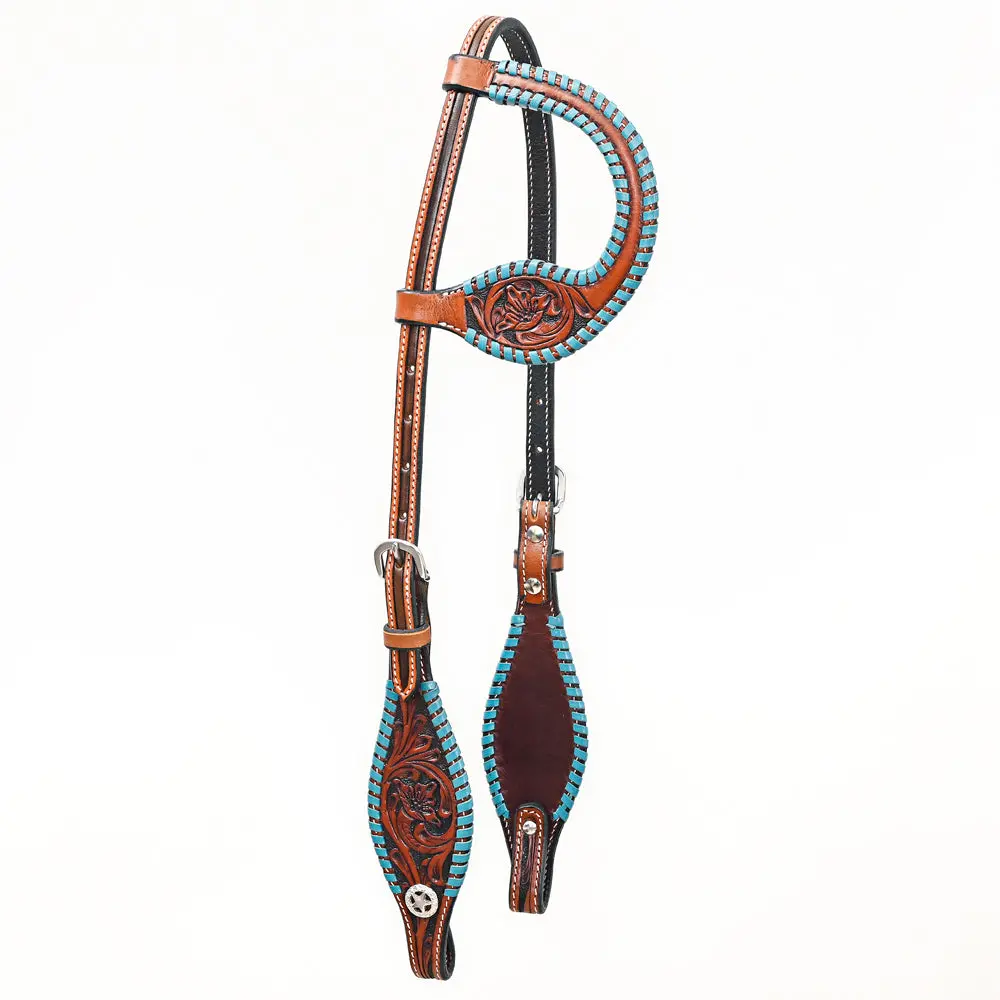 Bar H Equine Western Horse Genuine Leather Floral Design Buckstitch One Ear Headstall Brown 1