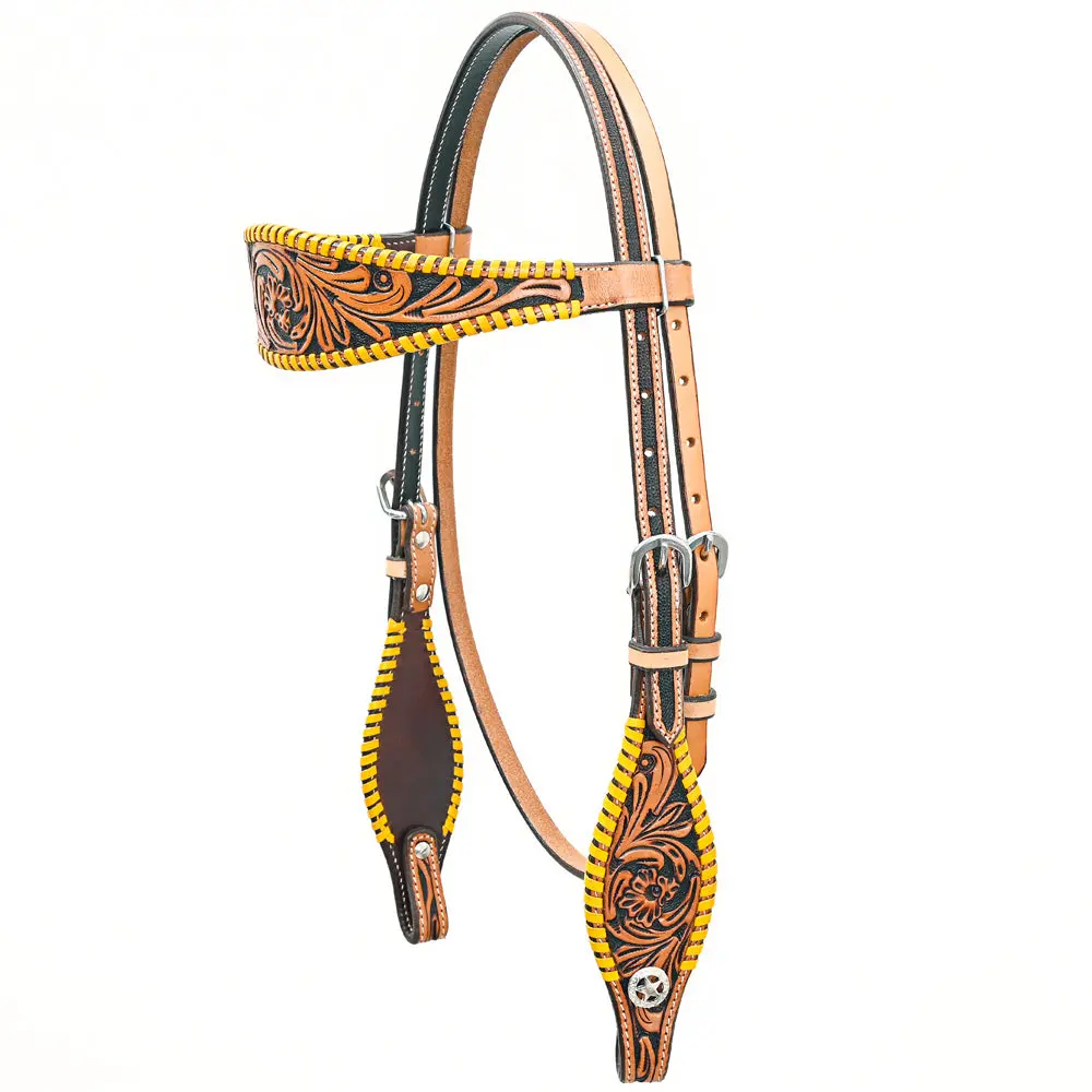 Bar H Equinewestern Horse Genuine Leather Floral Design Buckstitch Headstall Tan 1