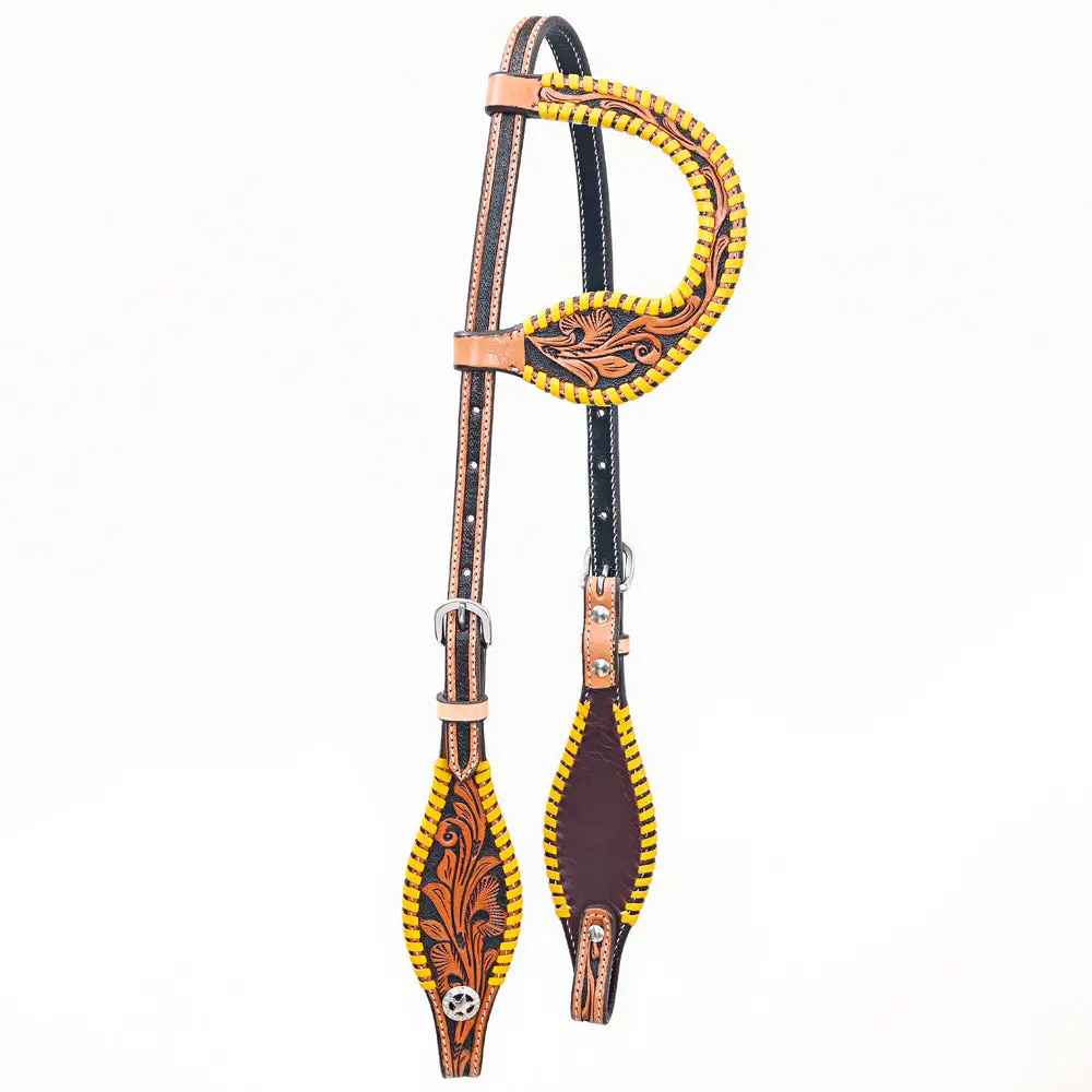 Bar H Equine Western Horse Genuine Leather Floral Design Buckstitch One Ear Headstall Tan 1