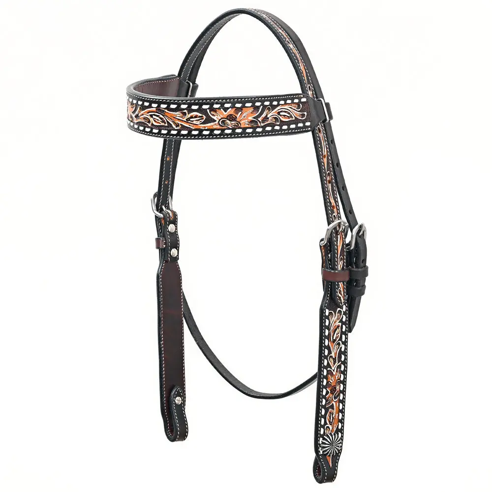 Bar H Equinewestern Horse Genuine Leather Floral Design Headstall Dark Brown 1
