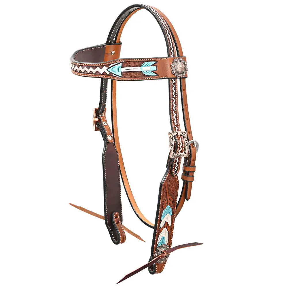 Bar H Equine Western Horse Genuine Leather Arrow Design Headstall Brown 1