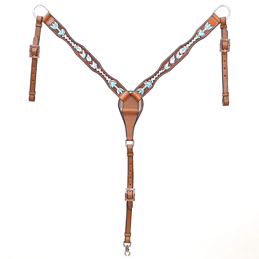 Bar H Equine Genuine Horse Hand Tooled Painted Arrow Leather Breast Collar Brown 1