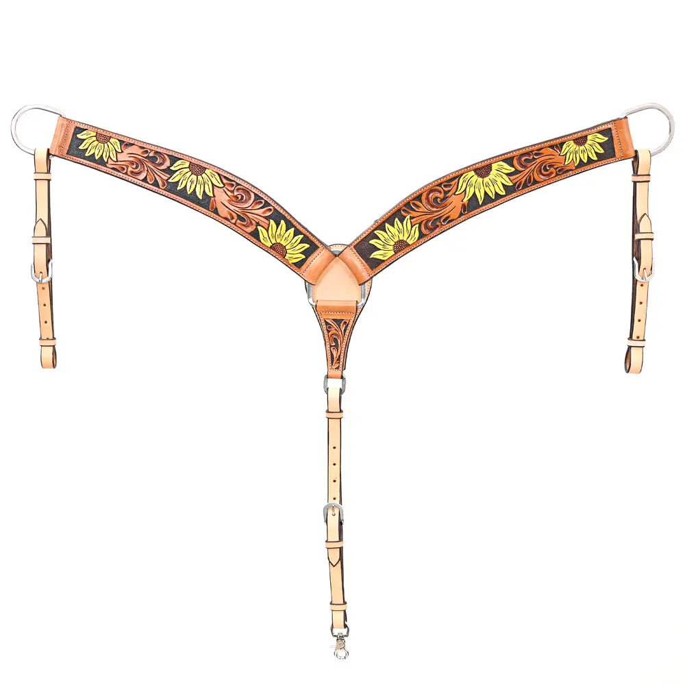 Bar H Equine Genuine Horse Hand Tooled Painted Sunflower Leather Breast Collar Tan 1