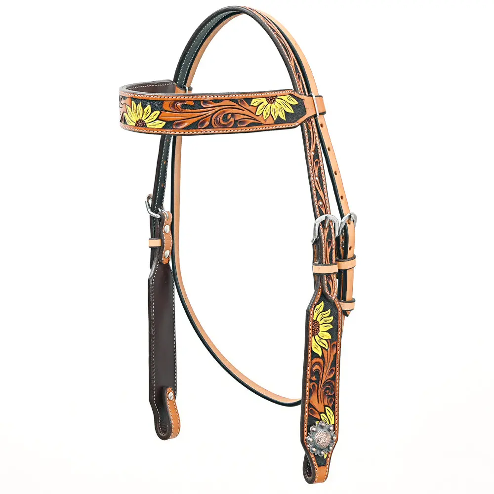 Bar H Equine Western Horse Genuine Leather Floral Design Headstall Tan 1