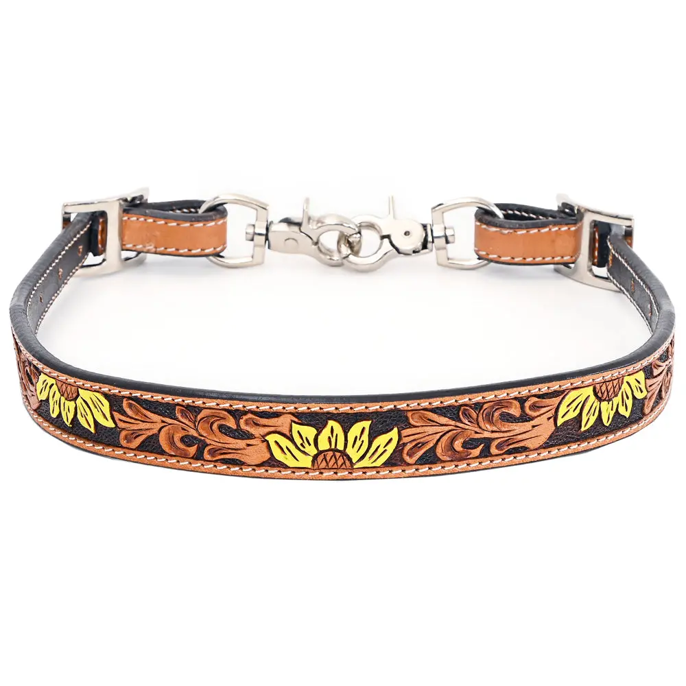 Bar H Equine Horse Genuine Leather Floral Design Tie Downs Snap Ends Tan 1