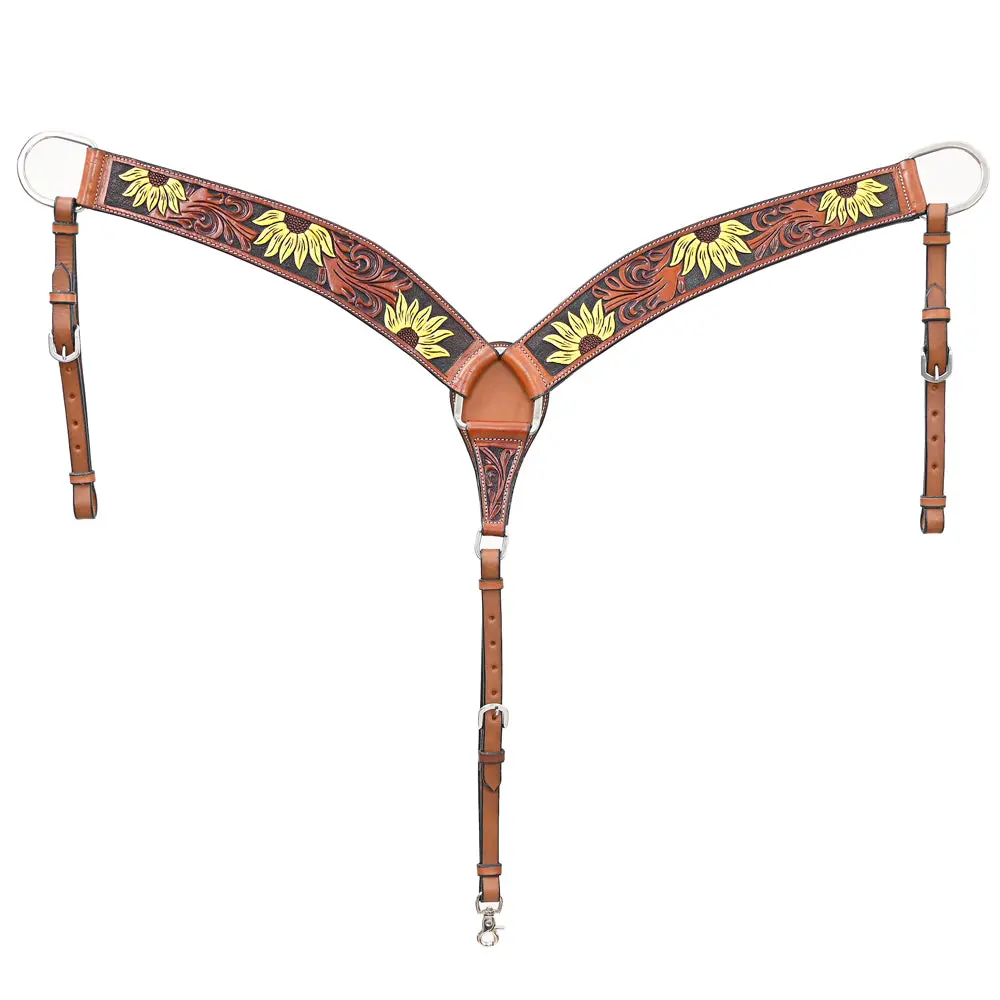 Bar H Equine Genuine Horse Hand Tooled Painted Sunflower Leather Breast Collar Brown 1