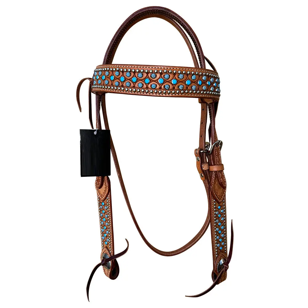 Bar H Equine Western Horse Genuine Leather Hand Tooled Headstall Tan 1