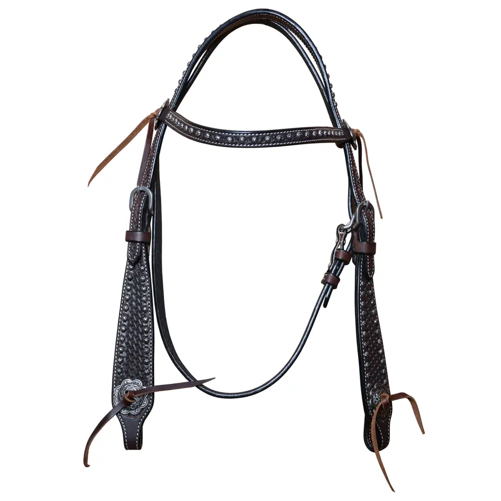 Bar H Equine Western Horse Genuine Leather Hand Tooled Headstall Dark Brown 1