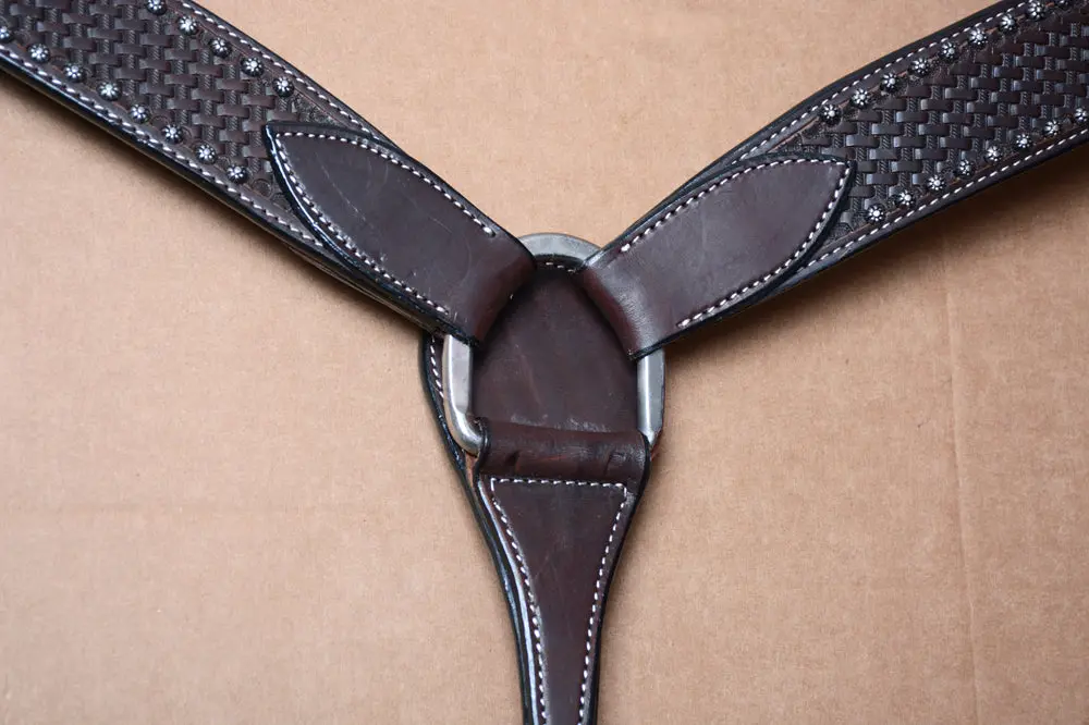 Bar H Equine Genuine Horse Hand Tooled Basketweave Leather Breast Collar Dark Brown 2