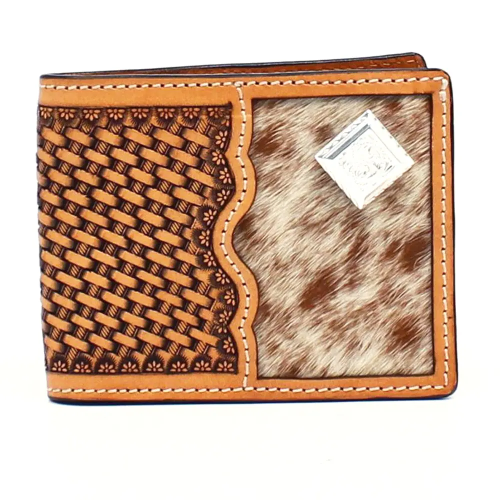 3D Western Mens Wallet Bifold Leather Calf Hair Inlay Concho Tan 1