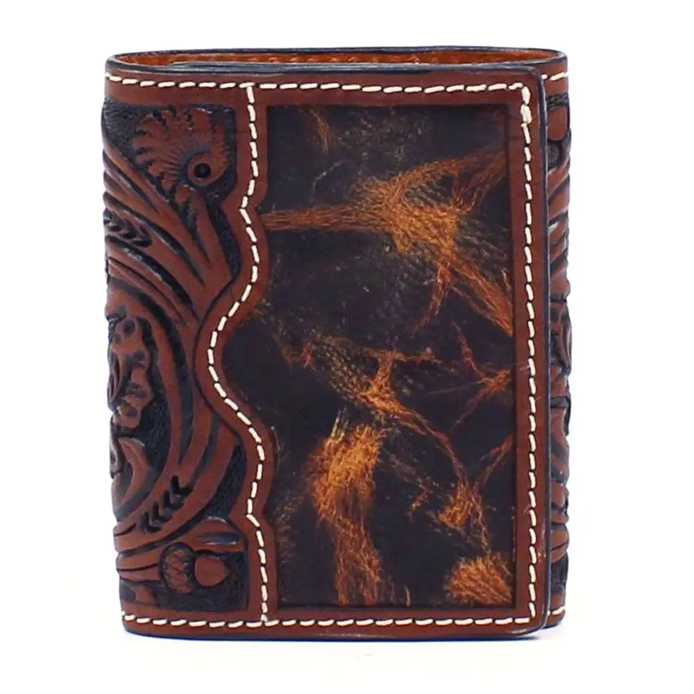 3D Western Mens Wallet Trifold Leather Tooled Floral Brown 1