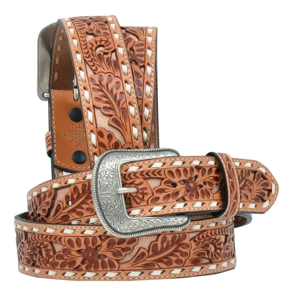 36 In 3D Mens Floral Embossed Buckstitch Western Belt Natural 1