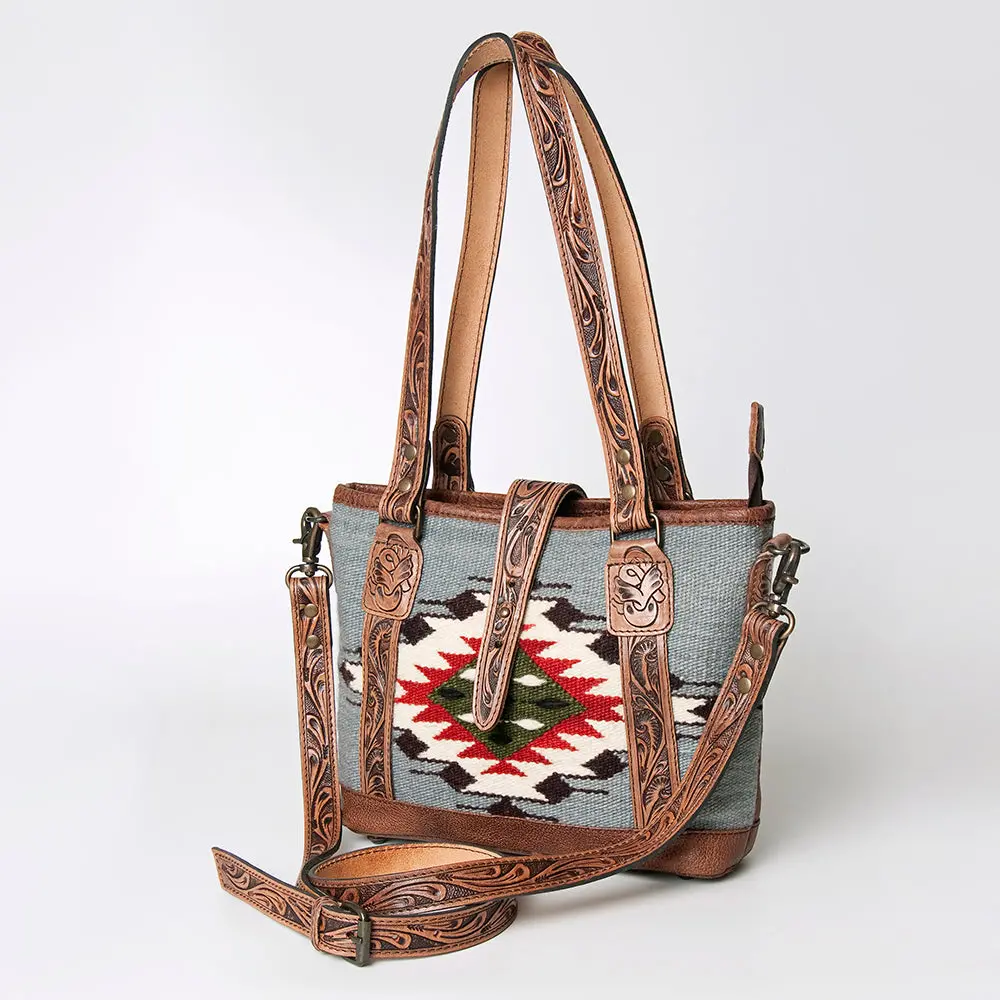 American Darling Tote Bag For Women, Hand Tooled Floral Leather & Woven Saddle Blanket Western Bag With Ykk Zipper 1